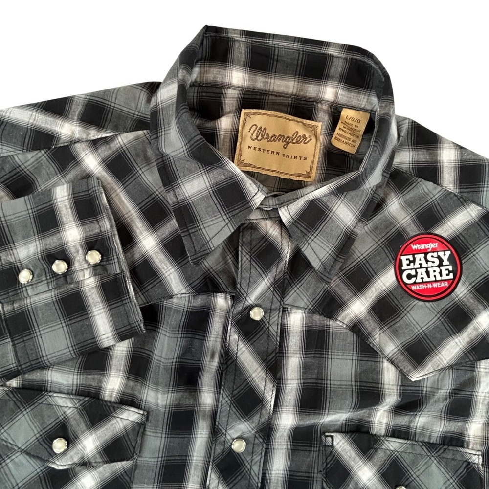 Wrangler Western Shirt Mens Large Black Grey Plaid Pearl Snap Easy Care NWT